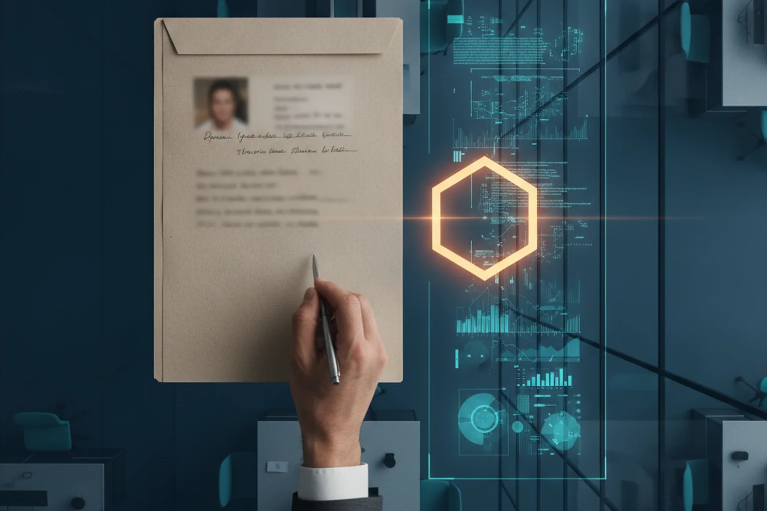 A manager's hand with a pen over a paper personnel file next to a glowing algorithm dashboard paused by an amber hexagonal gate, seen from above an office