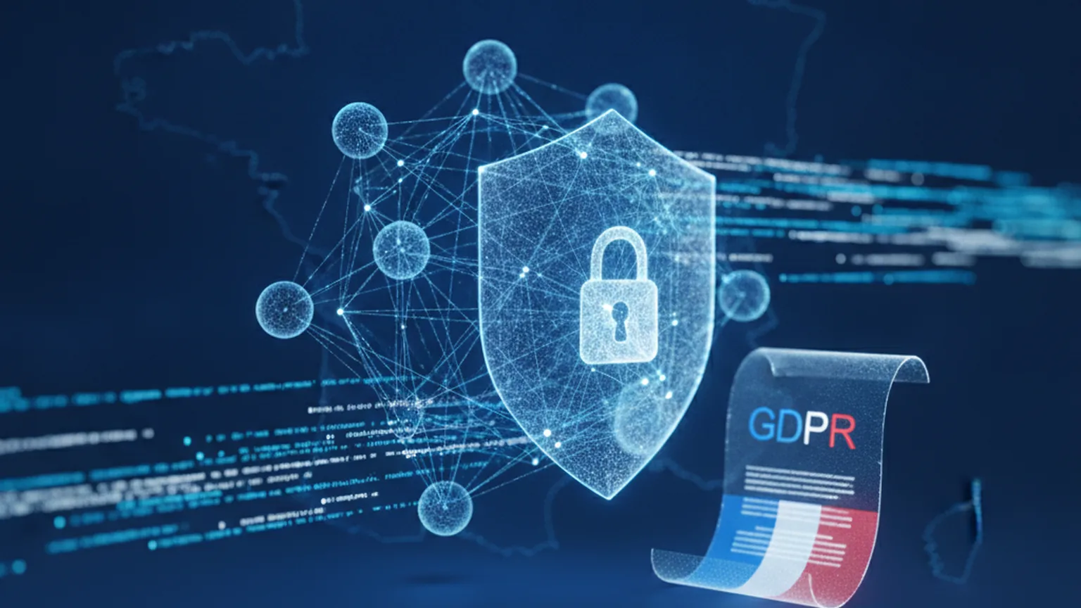R&eacute;seau d&rsquo;agents IA interconnect&eacute;s avec un bouclier de protection des donn&eacute;es et un document RGPD, illustration des enjeux de confidentialit&eacute; pour l&rsquo;IA autonome