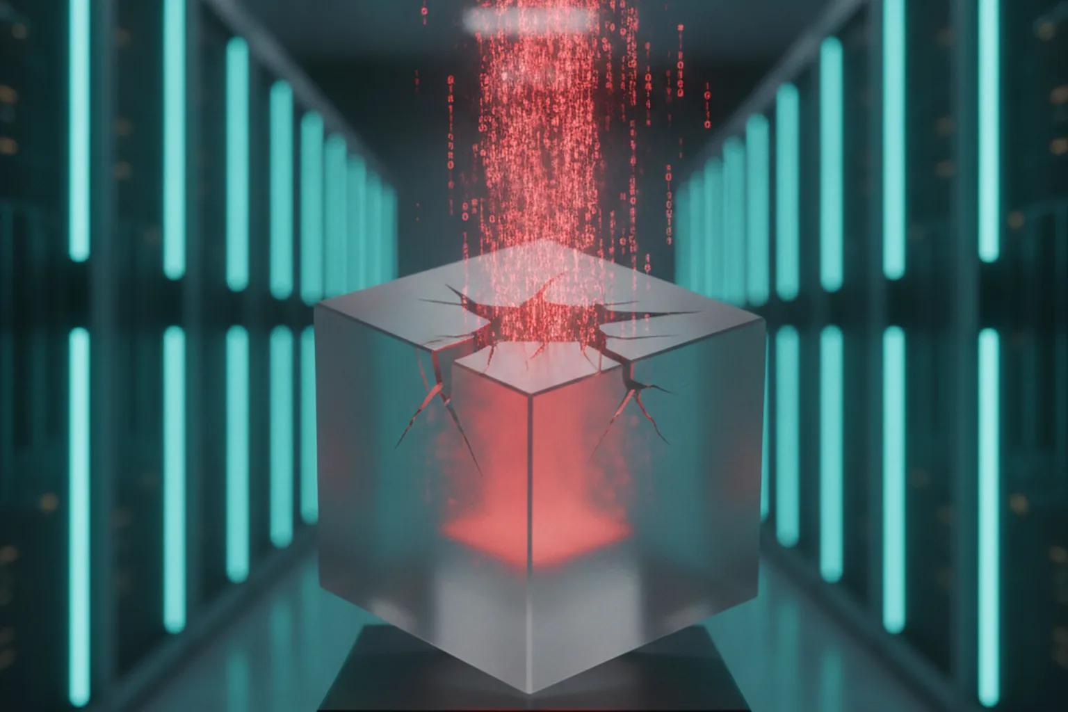 A cracked translucent containment cube with red code streaming out into a server hall lit cyan, representing a sandbox escape leading to remote code execution in an AI gateway
