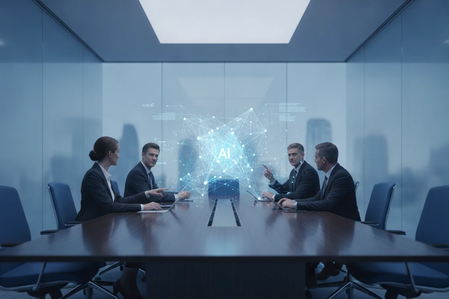 Enterprise executives at a boardroom table with a holographic AI network visualization, representing the IBM and OpenAI strategic partnership for large organizations