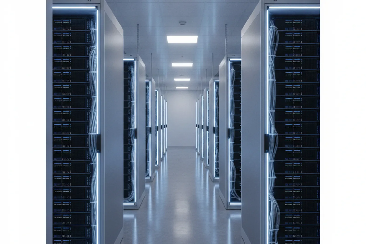 Modern data center corridor with rows of GPU server racks illuminated by white LED strips, representing enterprise AI inference infrastructure