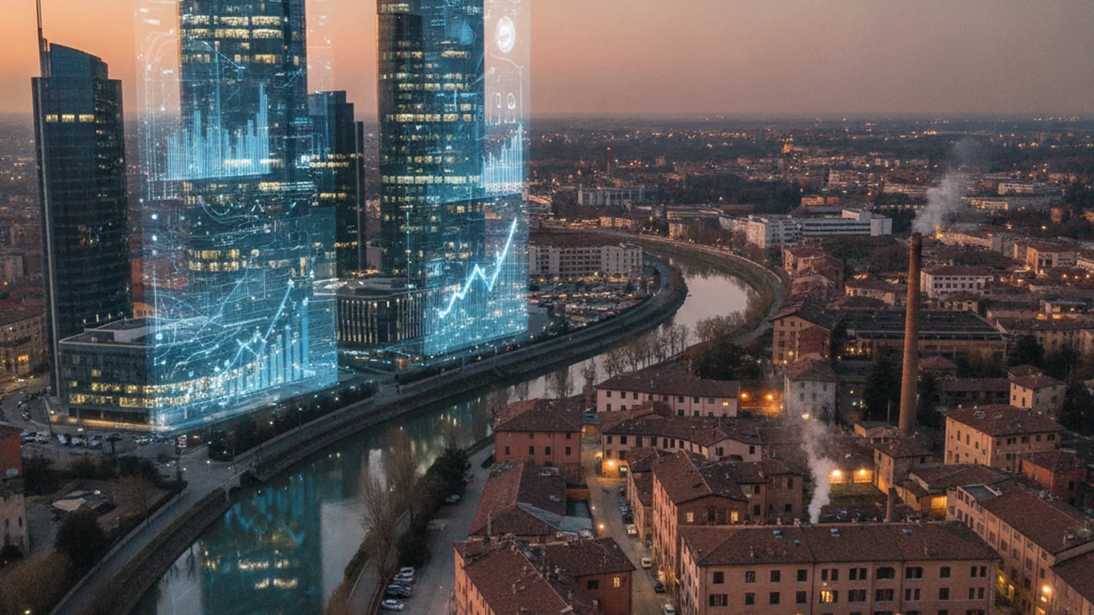 Vista aerea all'alba di un distretto italiano: da un lato torri direzionali illuminate da flussi di dati blu e grafici in crescita, dall'altro capannoni e officine tradizionali con luci più fioche, a rappresentare l'adozione dell'intelligenza artificiale a due velocità
