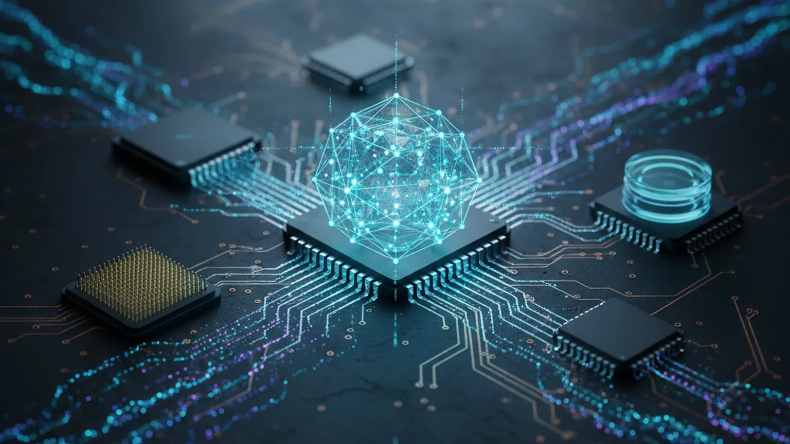 Un modèle d'IA figuré par une sphère lumineuse reliée par des flux de données à plusieurs puces informatiques différentes posées sur une carte électronique, symbolisant l'inférence portable sur du matériel hétérogène