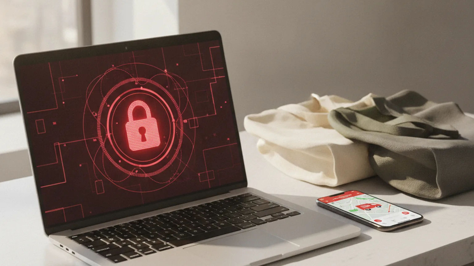 Un ordinateur portable affiche une alerte de sécurité avec un cadenas rouge, posé à côté de sacs de courses réutilisables et d'un smartphone ouvert sur une application de livraison