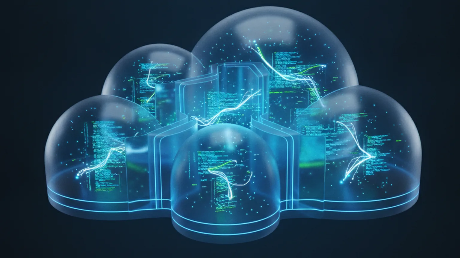 Multiple glowing, isolated dome-shaped containment cells arranged inside a translucent cloud-shaped boundary, each holding streams of code, illustrating isolated sandbox execution in the cloud