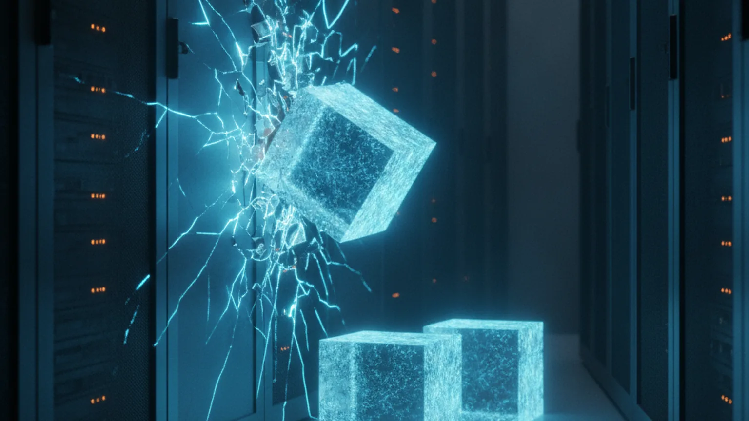 A glowing virtual-machine cube breaking through a server-rack wall in a dark data center, escaping toward two identical cubes, illustrating a KVM hypervisor flaw that breaks VM isolation