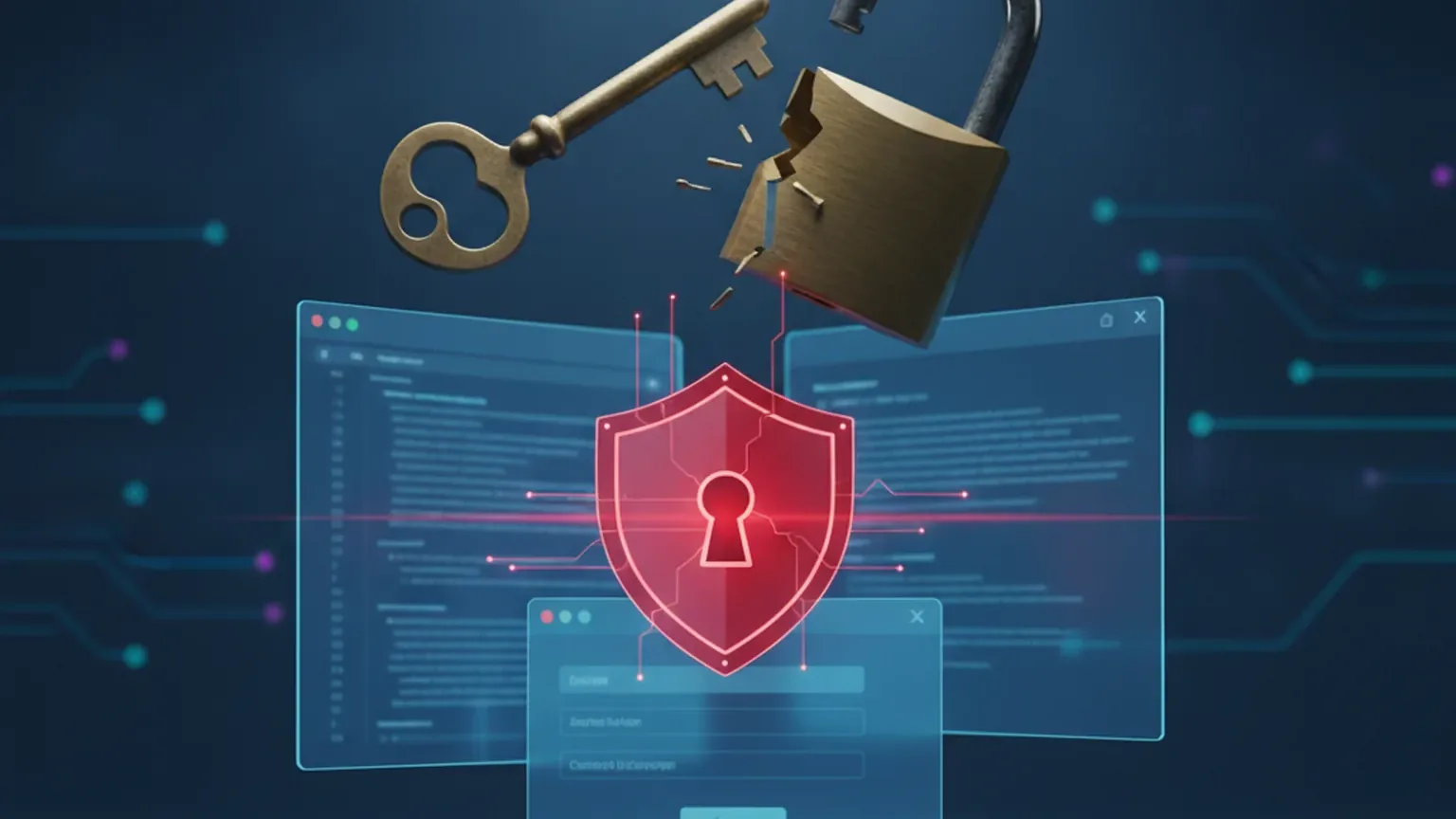 Abstract illustration of a broken key and a cracked open padlock above translucent code-editor and login windows, with a glowing red shield and keyhole at the center, representing a hijacked developer account