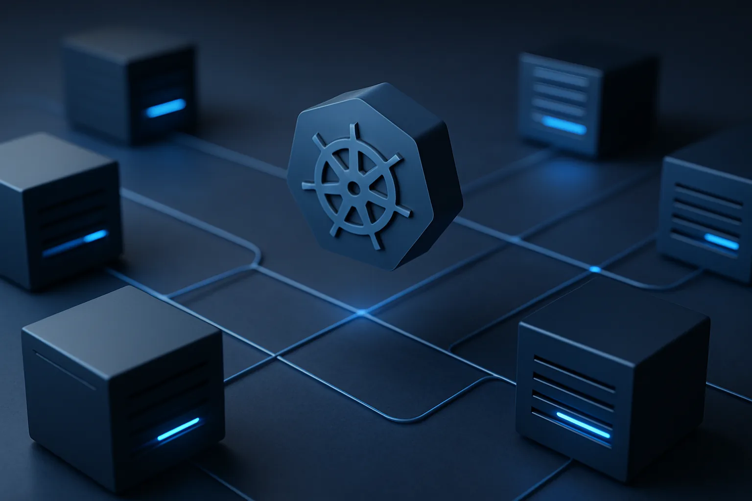 The Kubernetes helm wheel logo at the center of a dark blue network of interconnected server nodes and data center cubes, representing enterprise container orchestration infrastructure