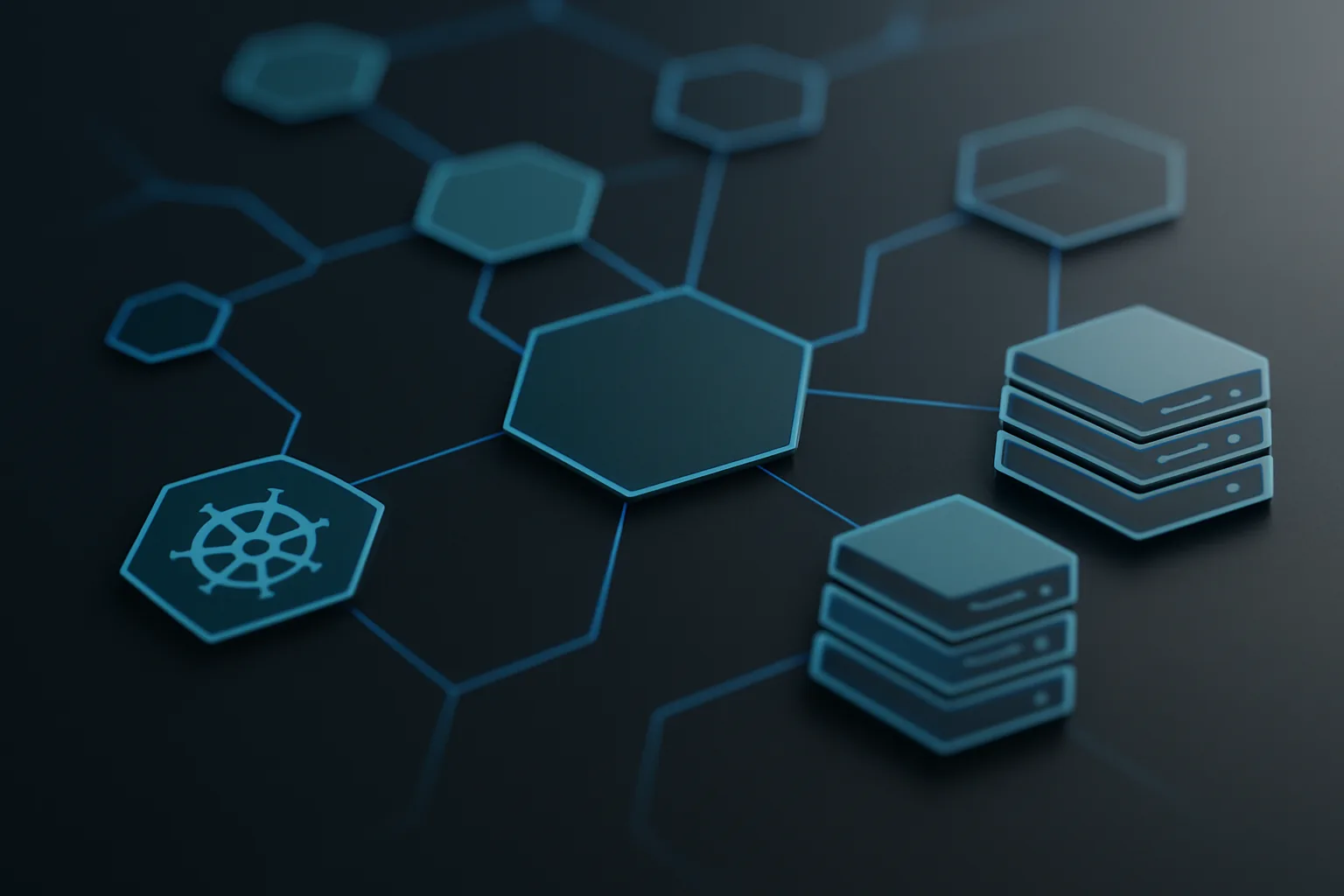 Kubernetes cluster diagram showing hexagonal nodes connected by network lines with server stacks representing container orchestration infrastructure upgrade
