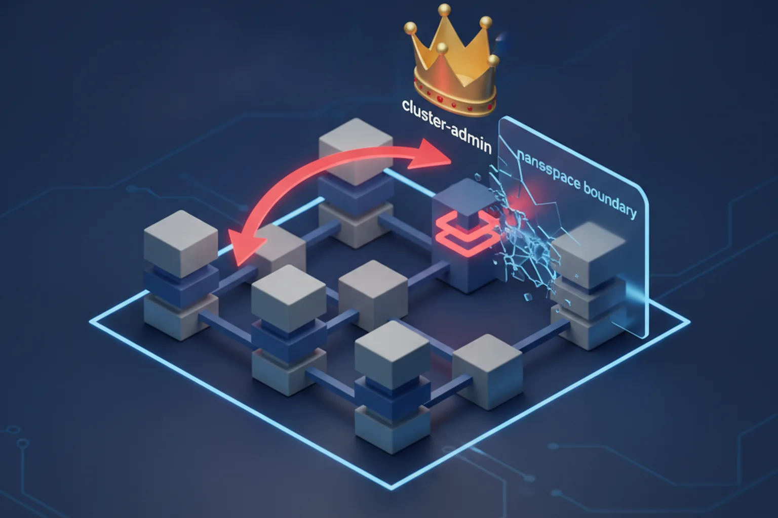 3D isometric Kubernetes cluster diagram with red privilege-escalation arrows breaking through a namespace boundary toward a cluster-admin crown, dark blue cyber background