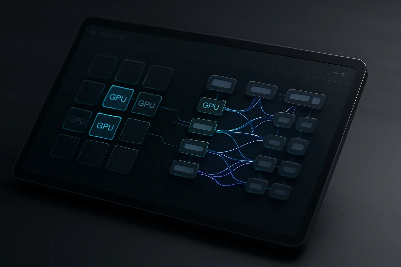 GPU cluster scheduling visualization showing interconnected GPU nodes with blue data flow streams on a dark dashboard, representing Kubernetes dynamic resource allocation and pod orchestration