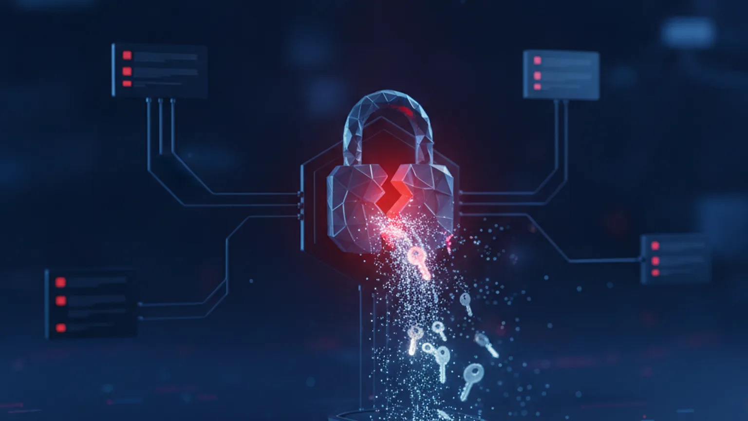 A broken padlock at the center of a node-based AI workflow, with glowing keys and credential data leaking out, illustrating stolen secrets from an AI agent platform