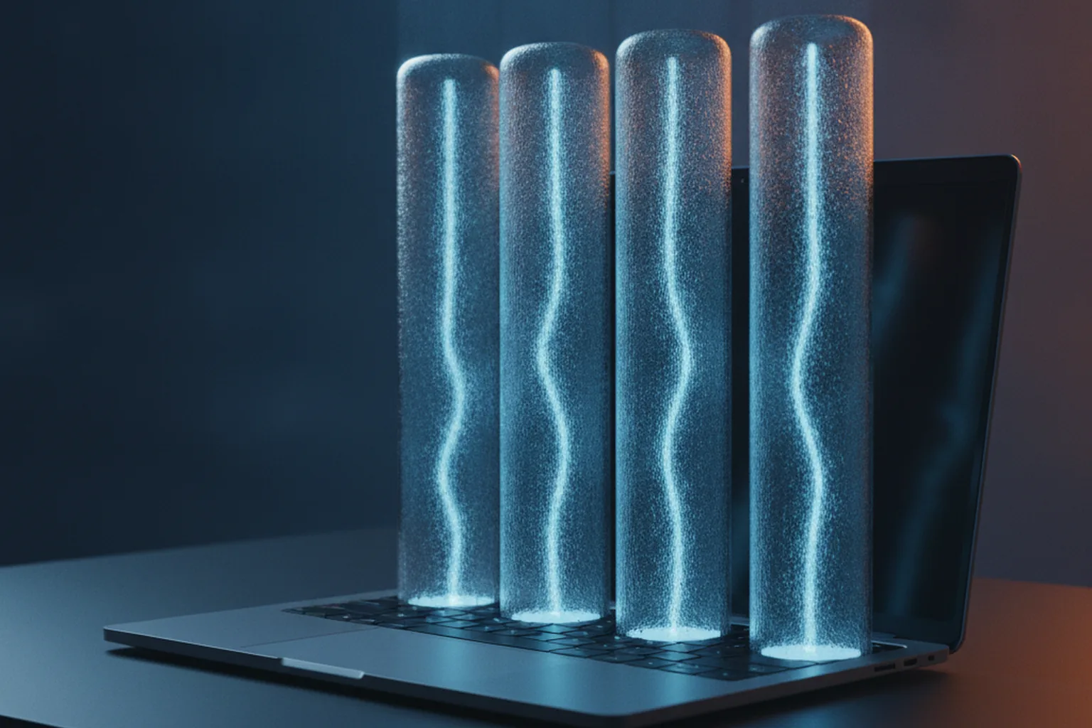 A laptop on a dark desk with four tall frosted glass cylinders rising from the keyboard, each containing a single glowing blue stream of light, illustrating isolated containers for software agents
