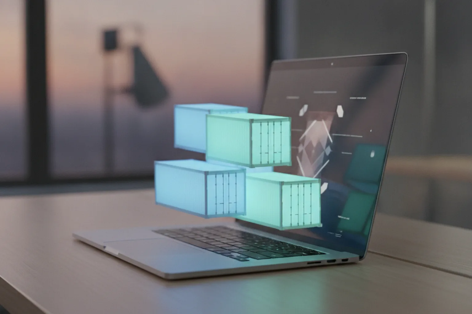 A laptop on a desk at dusk with glowing translucent shipping-container blocks floating above the keyboard, illustrating Linux containers running natively on a Windows workstation