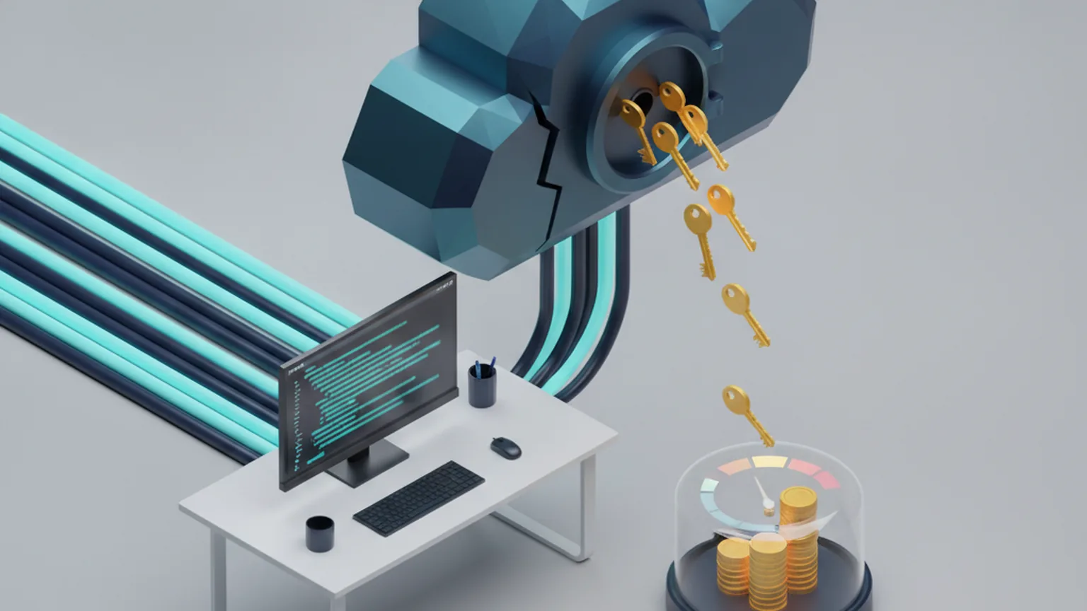 Isometric illustration of golden keys falling out of a cracked cloud vault toward a usage meter filled with coins, next to a developer workstation