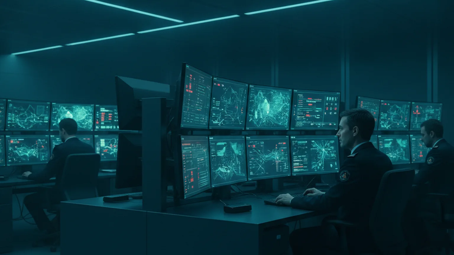 Analystes de cybersécurité gouvernementale surveillant des écrans dans un centre de commandement, environnement professionnel sombre bleu-teal, représentant la nouvelle unité cyber ANSSI demandée par Lecornu