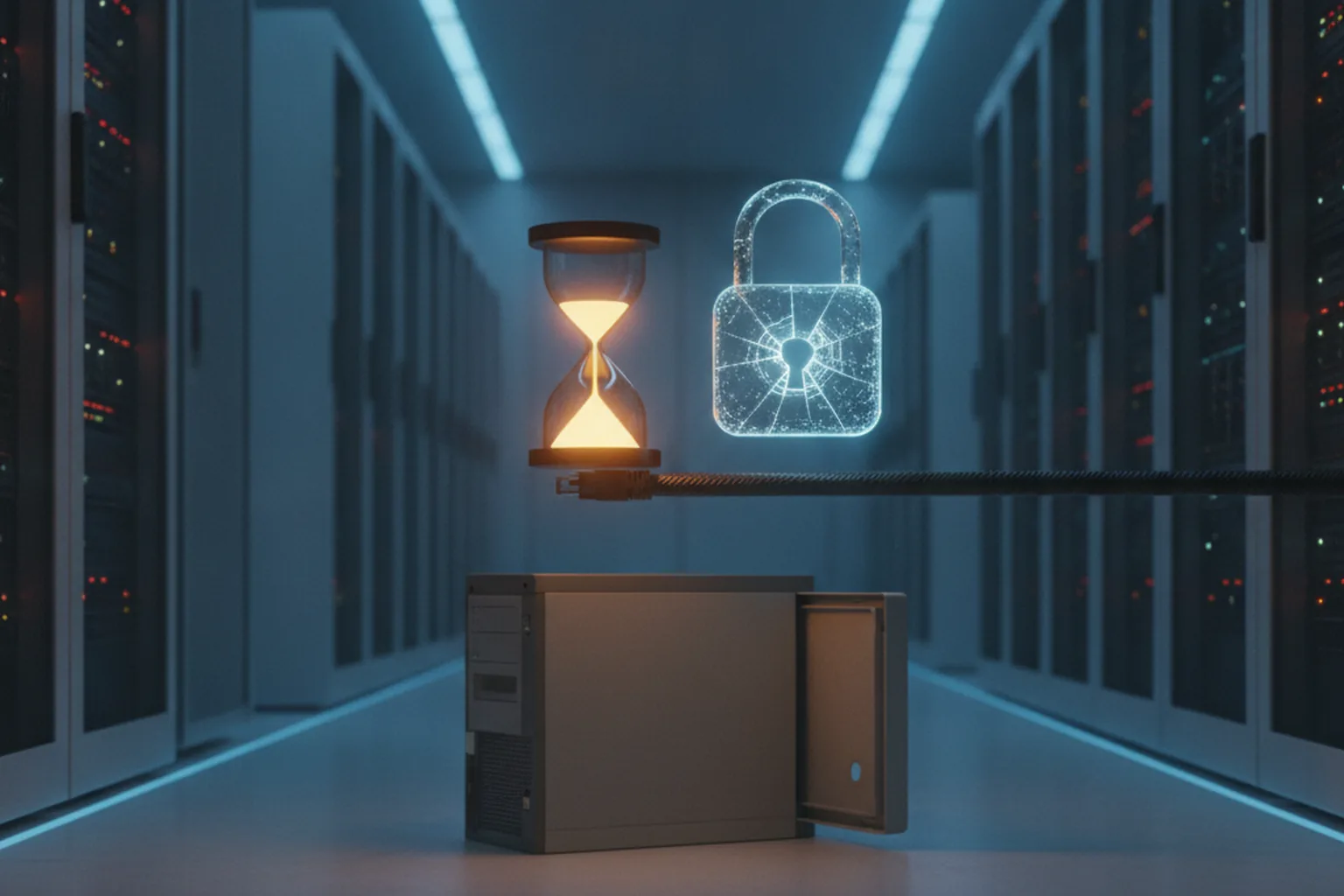 Dim server room corridor with an older tower PC in front, a glowing hourglass and a cracked digital padlock above a network cable