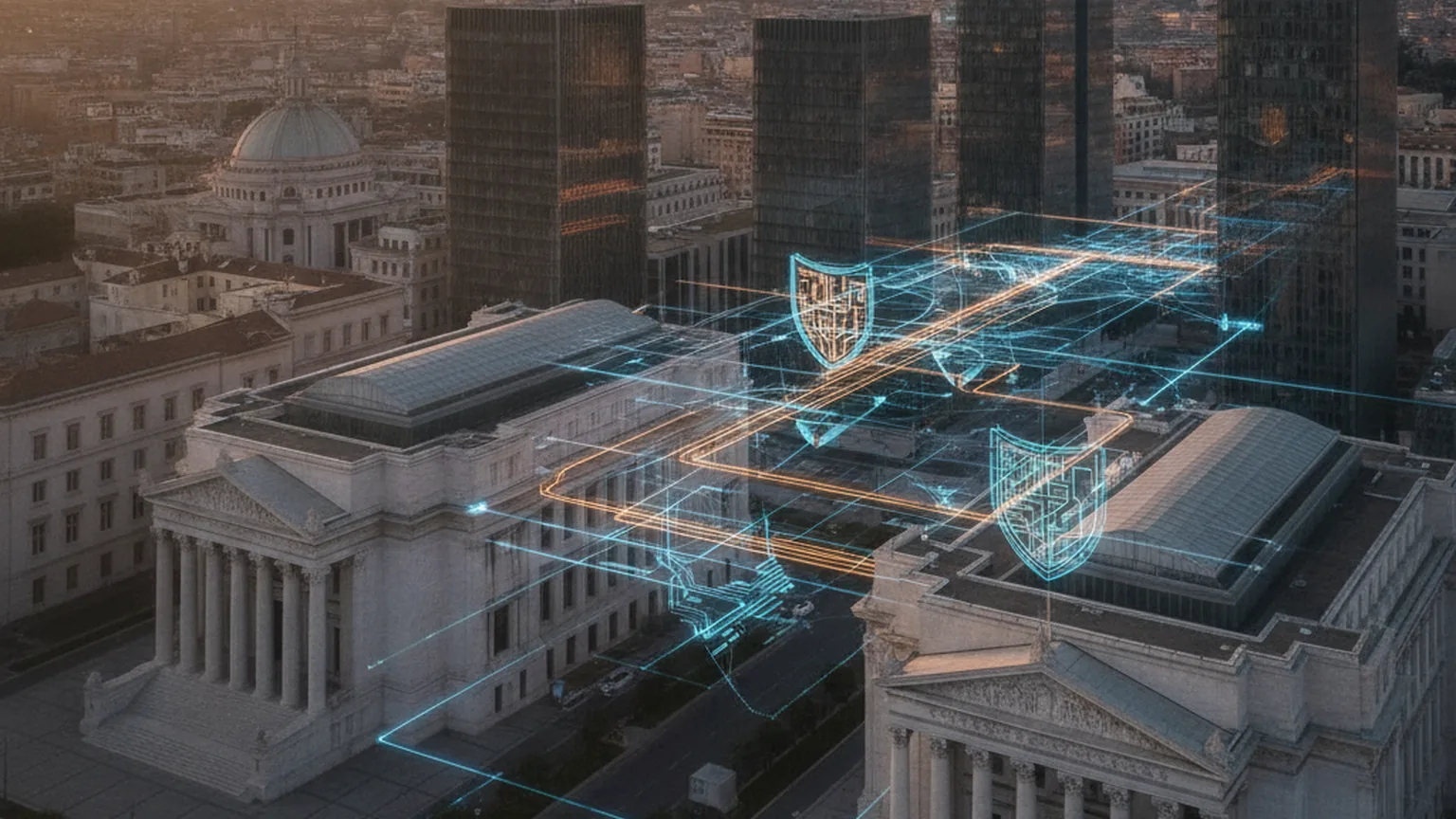 Vista aerea di un distretto istituzionale e direzionale italiano all'alba, con edifici neoclassici e torri di vetro attraversati da reti di dati blu e ambra e motivi astratti a forma di scudo, a rappresentare la vigilanza pubblica sull'intelligenza artificiale