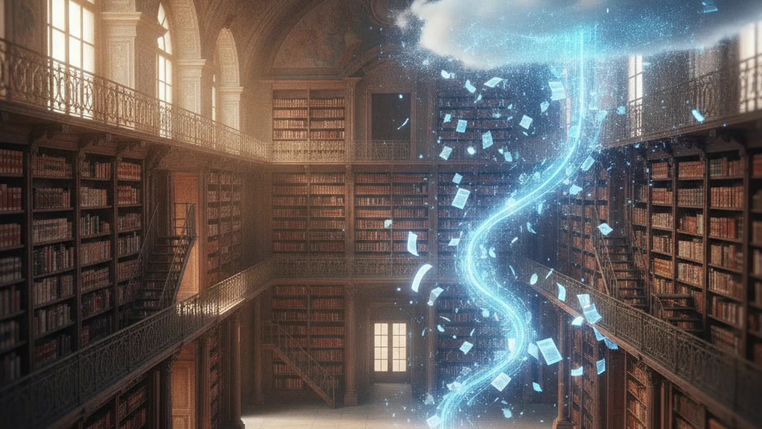 Archivio di una biblioteca giuridica italiana con scaffali di volumi antichi che si trasforma, sulla destra, in flussi di dati blu e documenti digitali che salgono verso una nuvola: metafora dei contenuti giuridici che entrano in un sistema di intelligenza artificiale