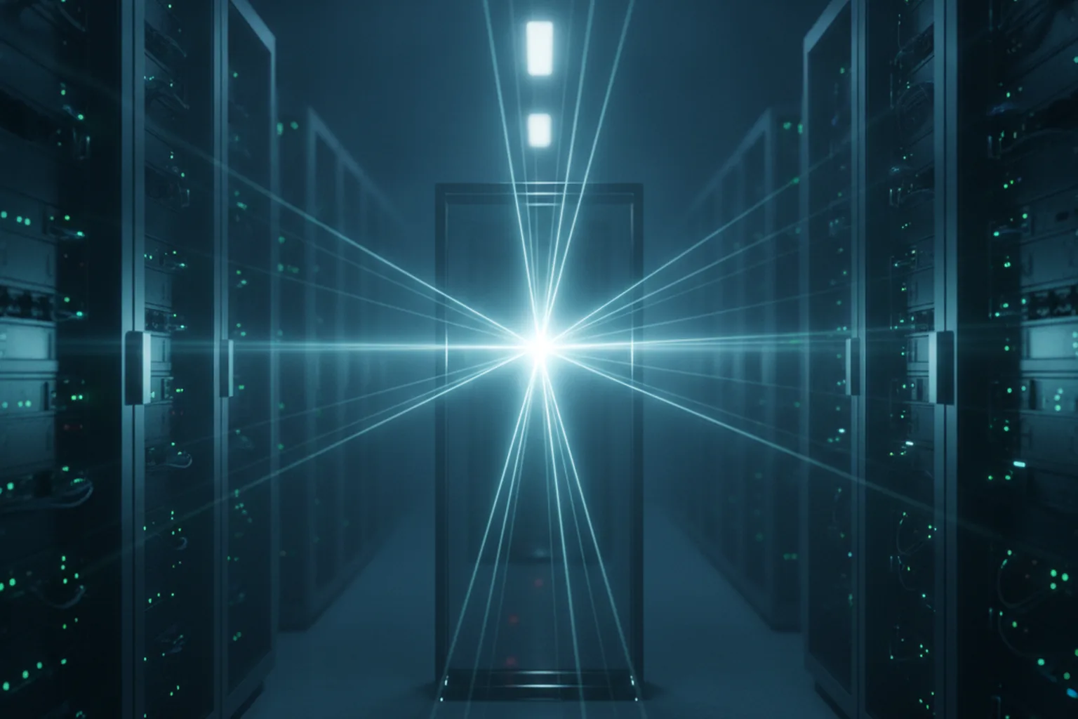 A single bright beam of light bursting into many rays down the aisle of a dark data center lined with server racks