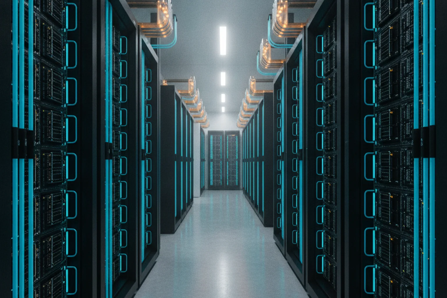 Long data center aisle lined with dark server racks, glowing cyan liquid-cooling lines and copper coolant manifolds overhead