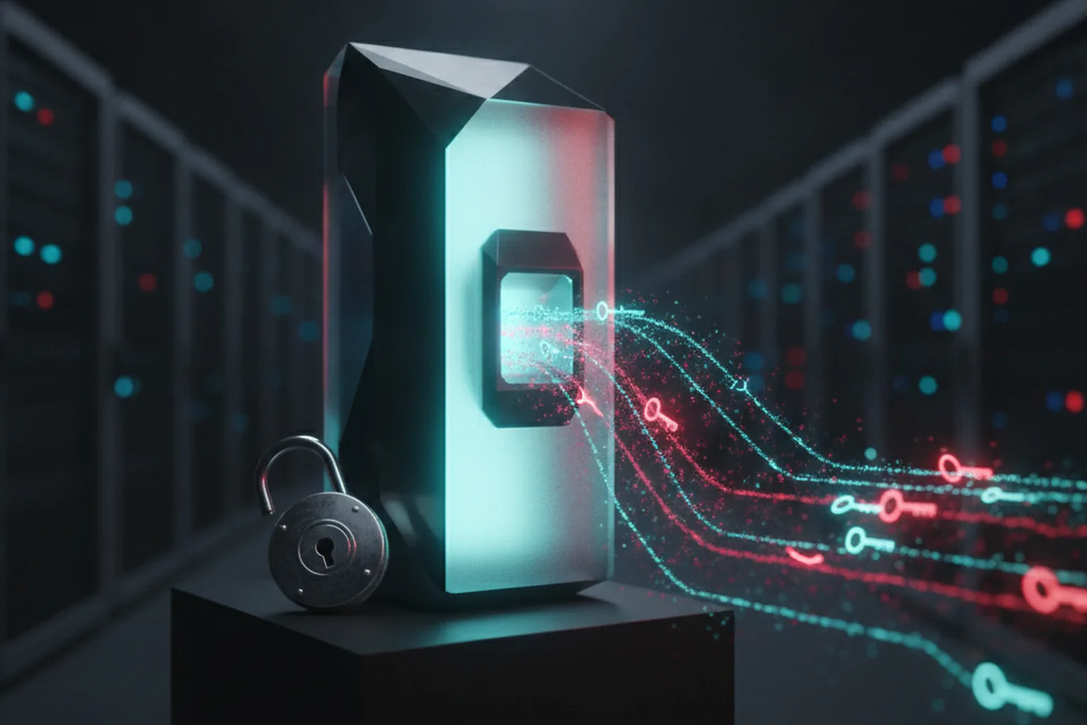 A glowing gateway node beside an open padlock in a dark data center, with luminous credential keys streaming out toward rows of cloud server racks