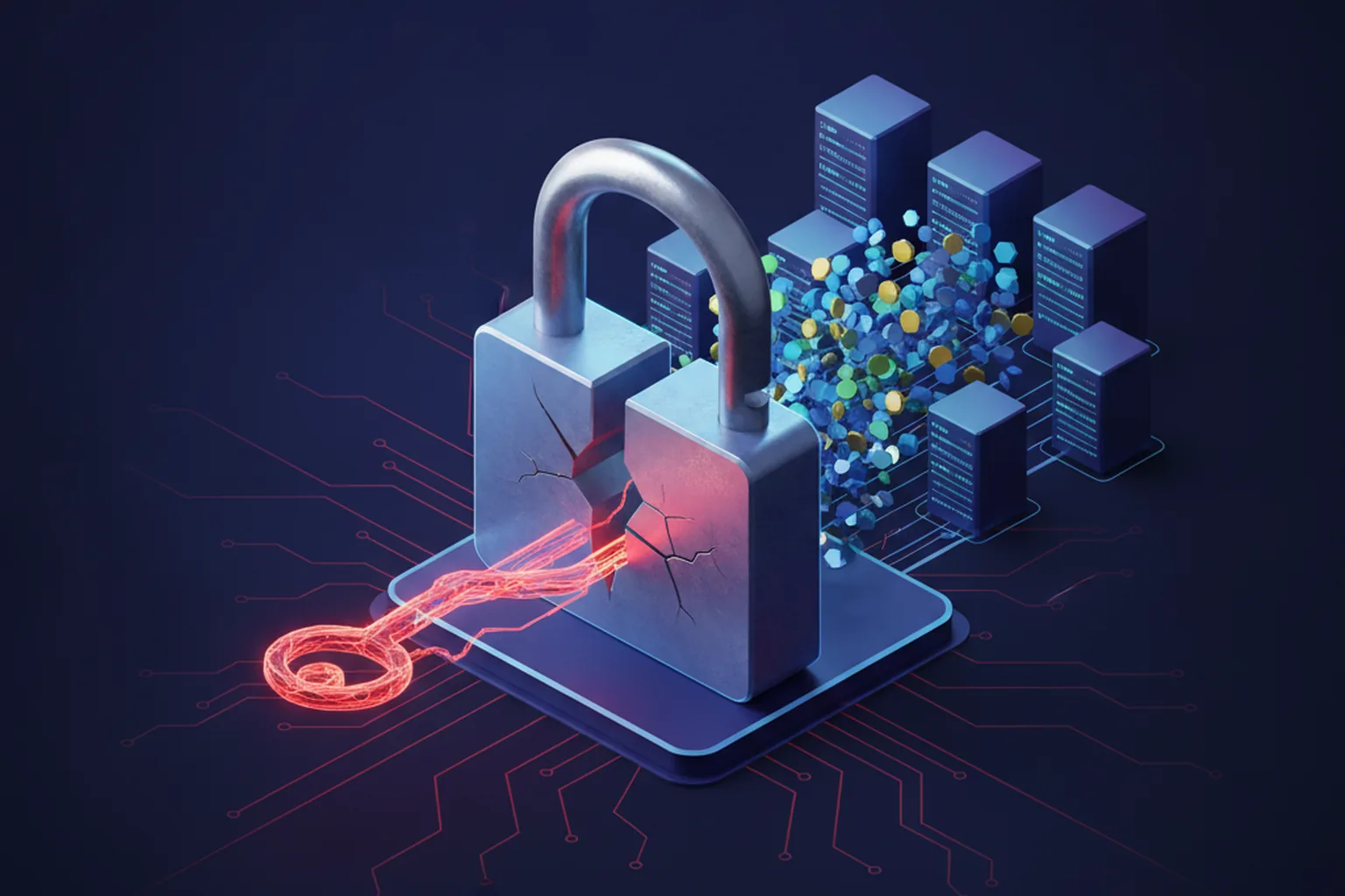 Isometric illustration of an API gateway node with a broken padlock and a forged glowing key slipping past into a cluster of connected server and tool nodes over a dark blue circuit board with red breach lines