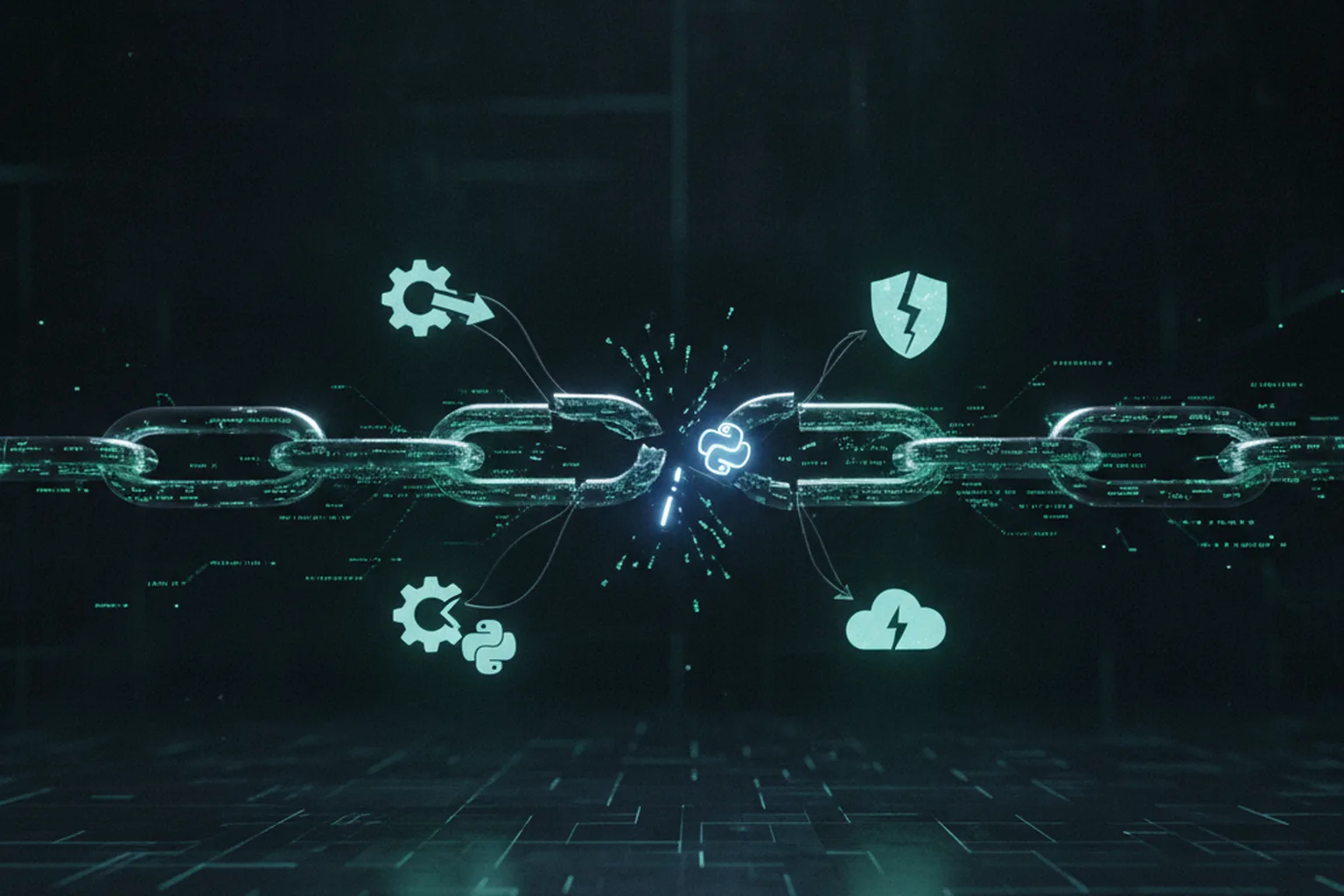 Broken digital chain link with Python and CI/CD pipeline symbols, representing a supply chain security compromise in AI infrastructure