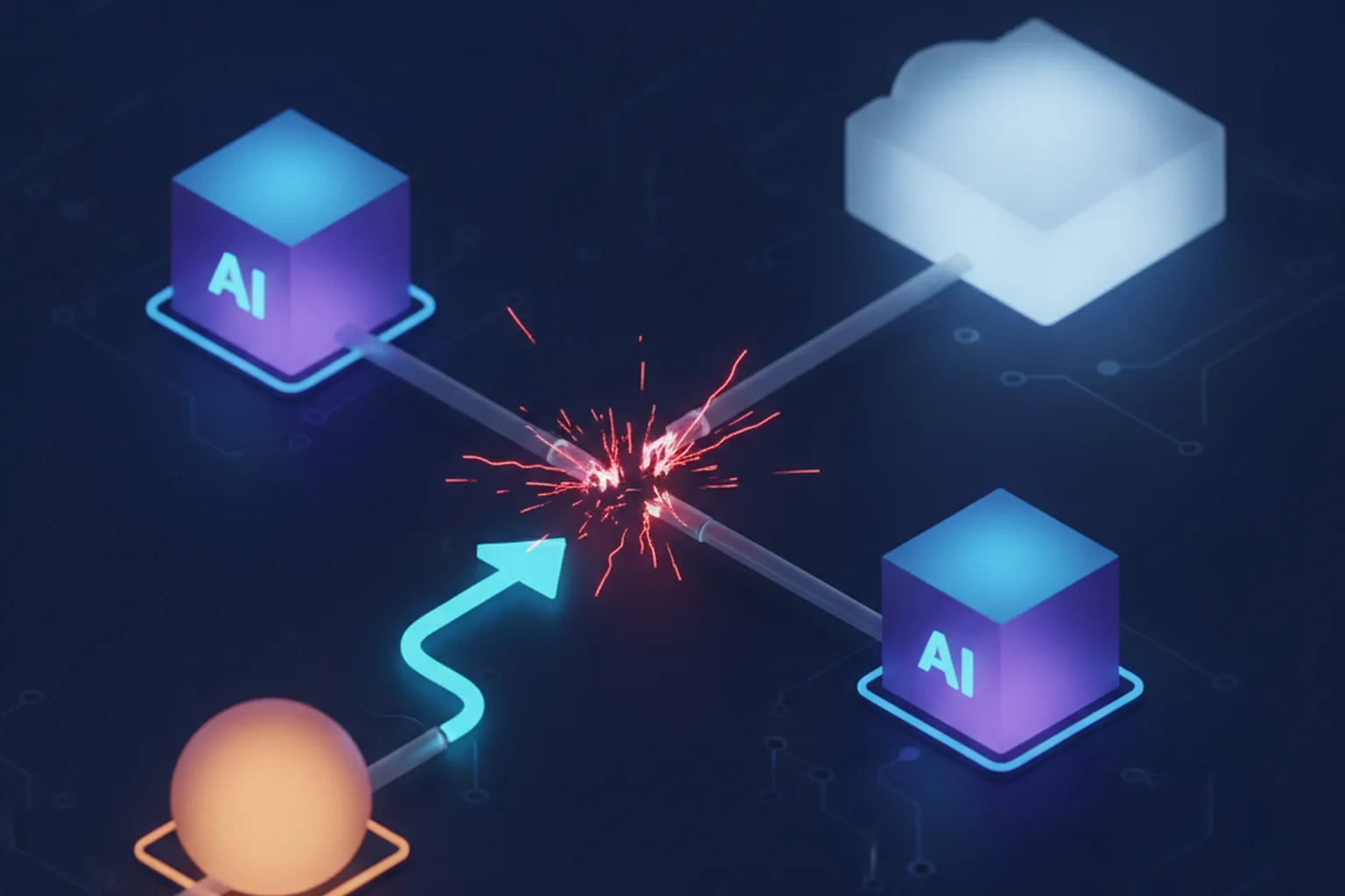 Isometric illustration of three AI service nodes connected to a single cloud data center, one cable broken and sparking red, with a rerouting arrow to a backup data center