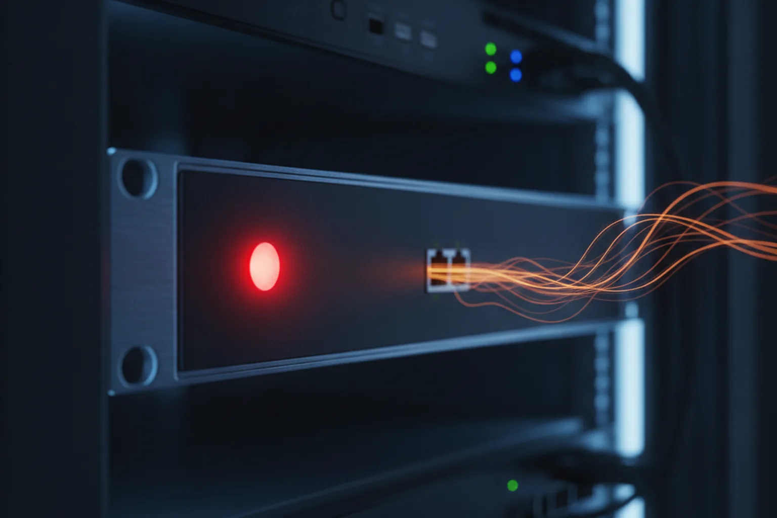 A rack-mounted network appliance in a dark data center with a red warning light and amber data streams leaking from one port, illustrating an exploited edge device