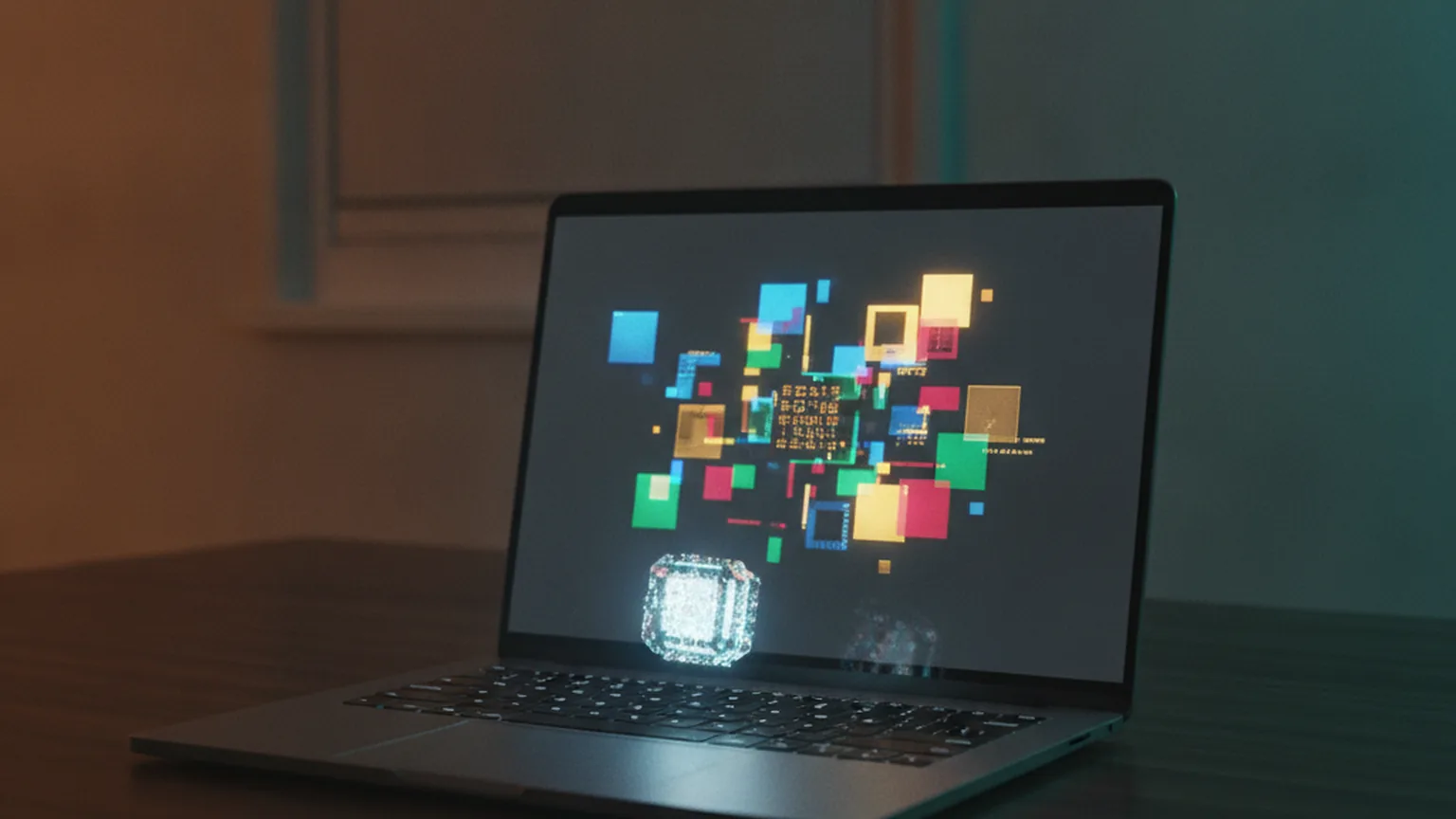 Laptop on a dark desk at night with colorful abstract code blocks on screen and a small glowing crystal core above the keyboard, representing a compact coding model running locally