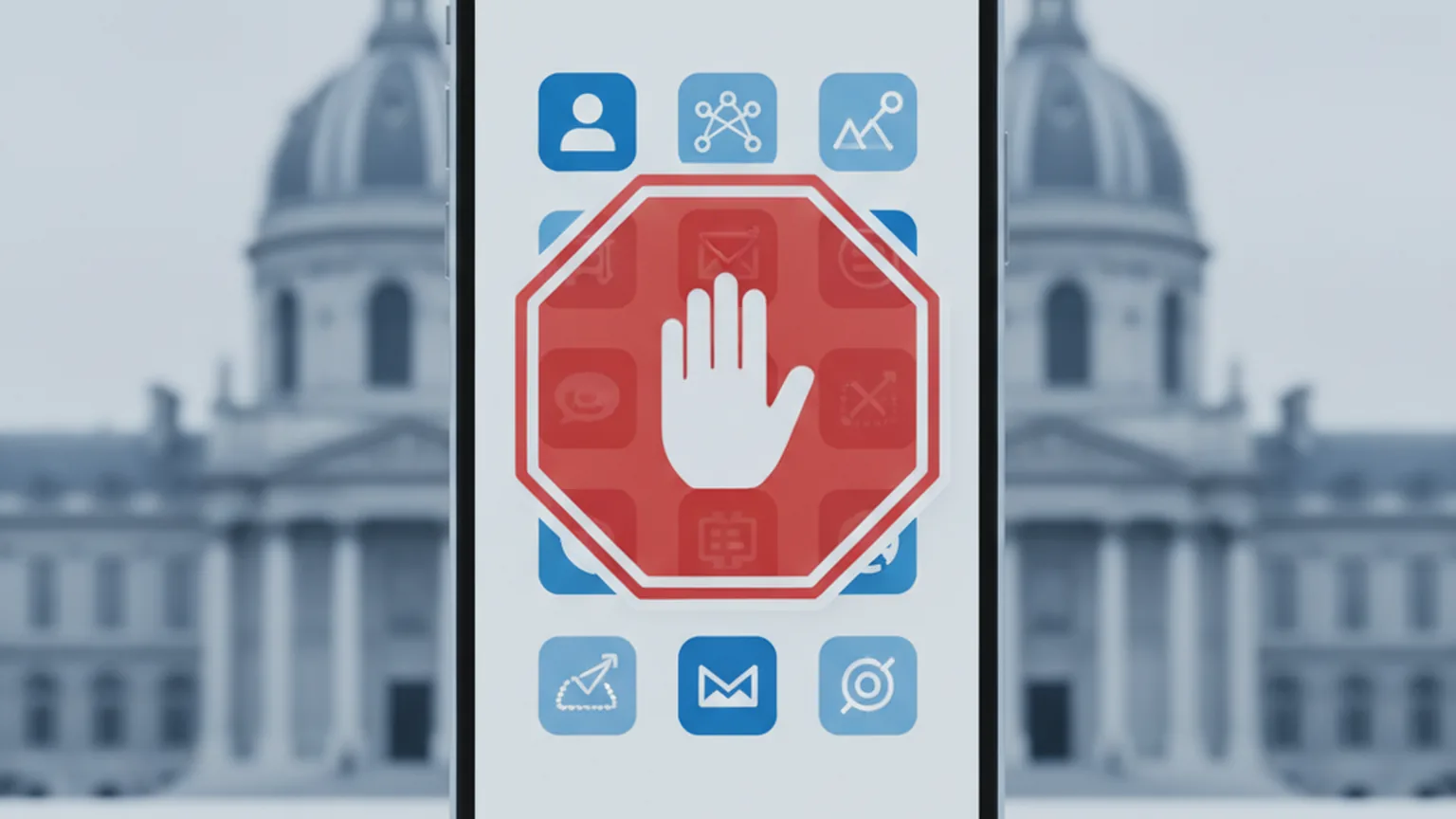 Smartphone affichant des icônes d'applications de réseaux sociaux avec un panneau d'interdiction, bâtiment institutionnel français en arrière-plan, illustration de la loi majorité numérique censurée en France