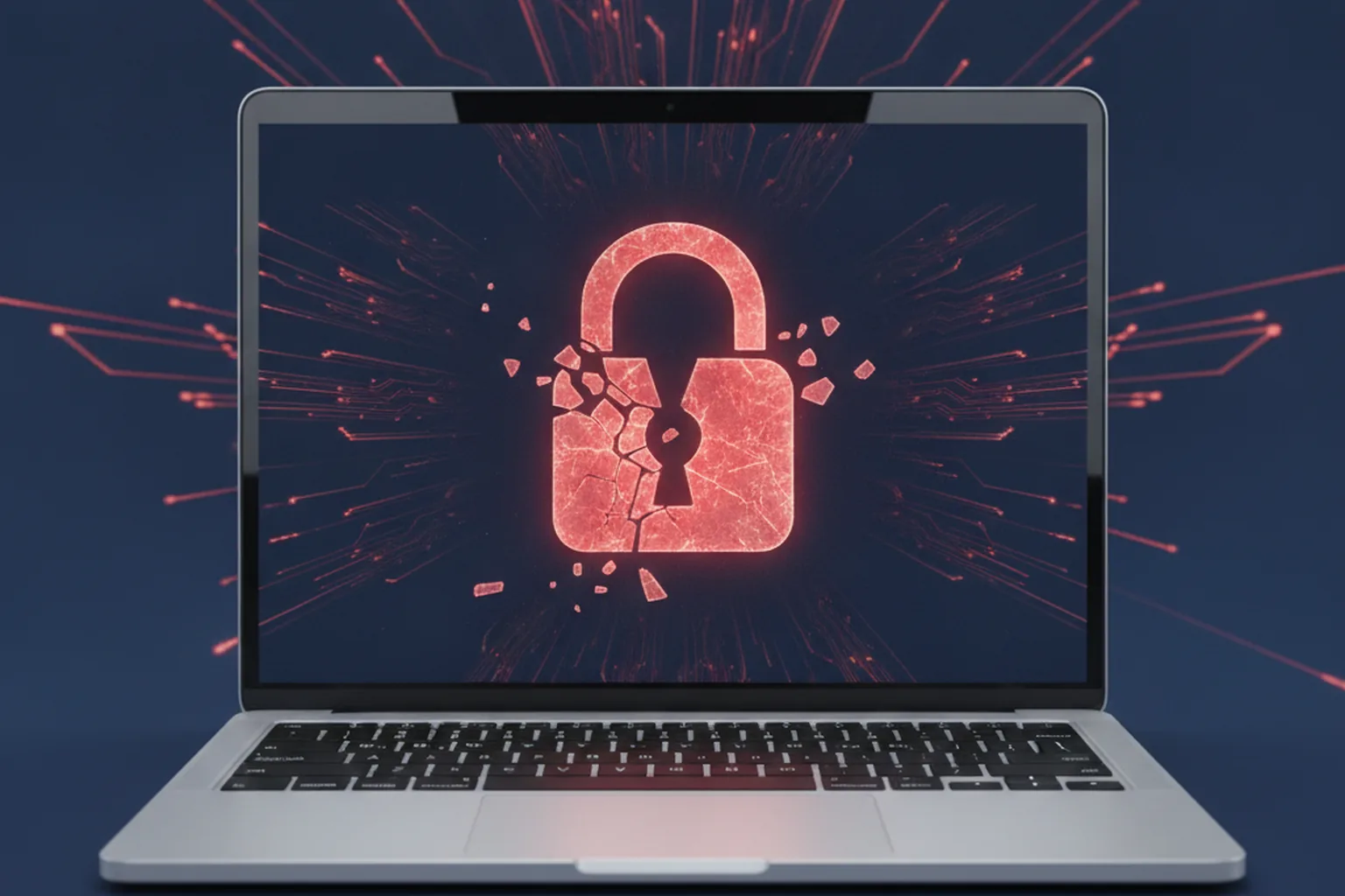 Laptop computer displaying a broken red padlock on a dark blue circuit-board background, representing a critical macOS security vulnerability under active exploitation