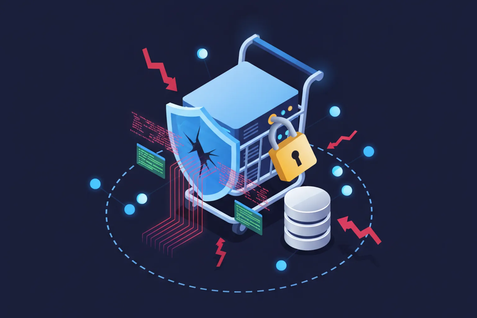 Isometric illustration of an e-commerce web server under attack: a storefront server rack with a cracked shield and open padlock, injected code flowing into a database cylinder, red intrusion arrows breaching the perimeter, network nodes on a dark navy background