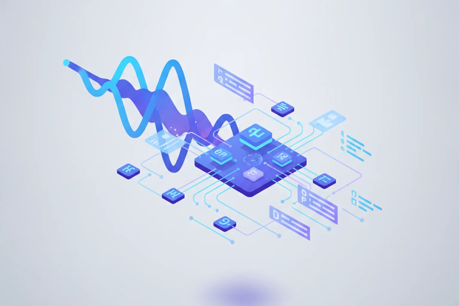Isometric illustration of a soundwave flowing into a processing engine that emits glowing multilingual text tokens and transcript lines in blue and violet