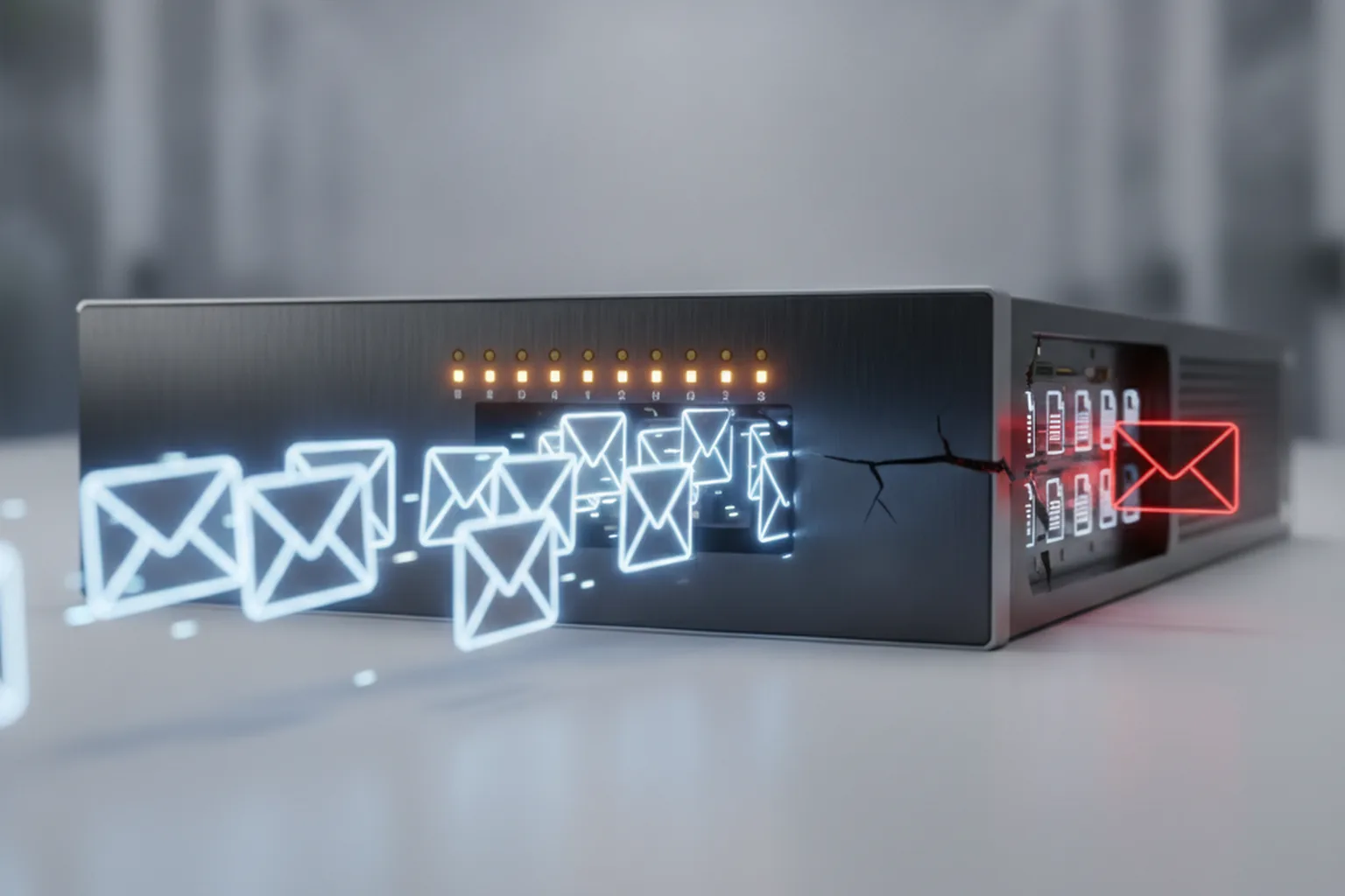 A rack-mounted mail security appliance with amber status lights, a stream of glowing envelopes flowing into it and one red envelope slipping through a crack in its casing into a folder of files