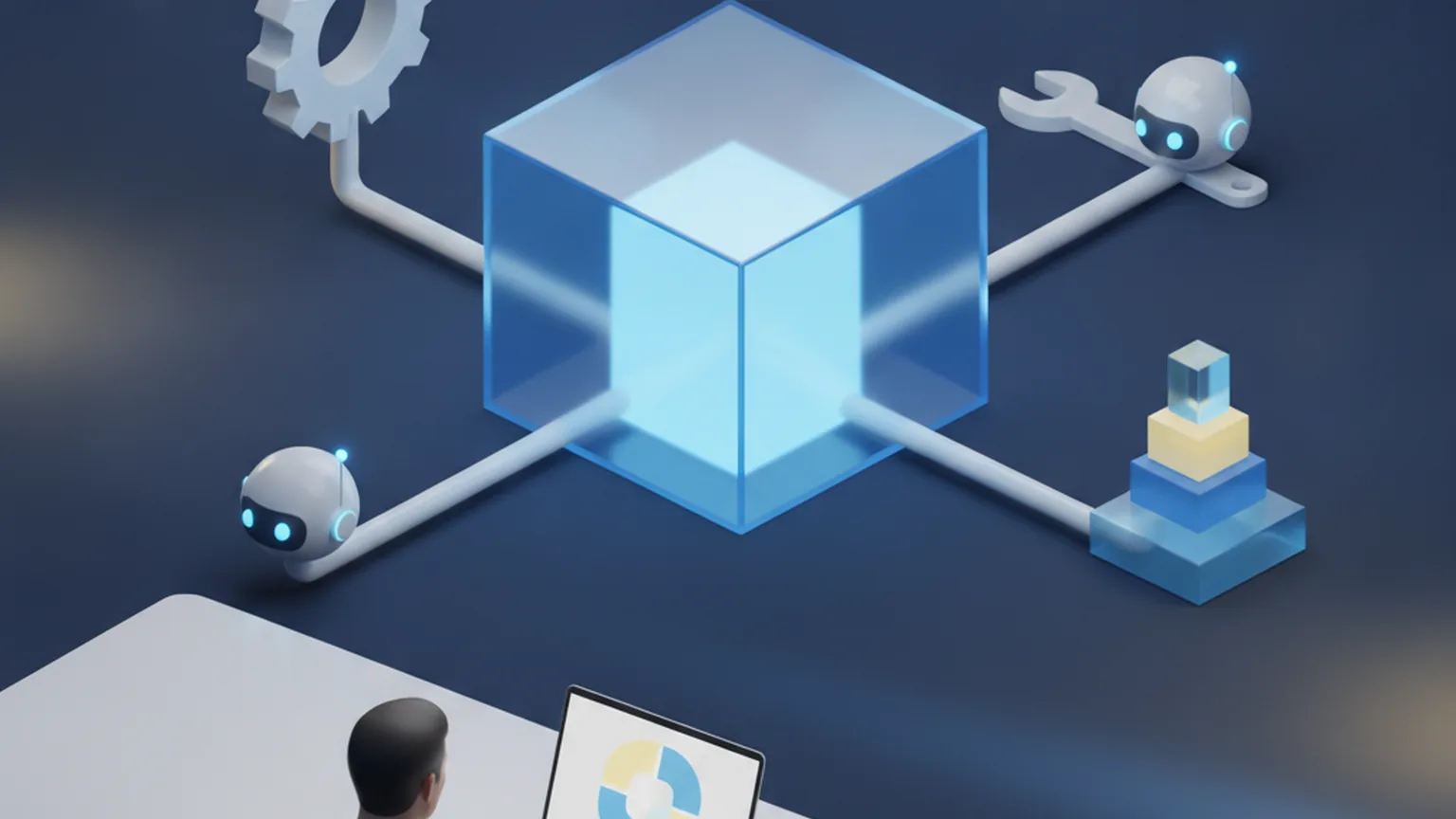 Isometric illustration of a glowing glass sandbox cube connected by rails to small robot agents and tool blocks, with a developer configuring it from a laptop