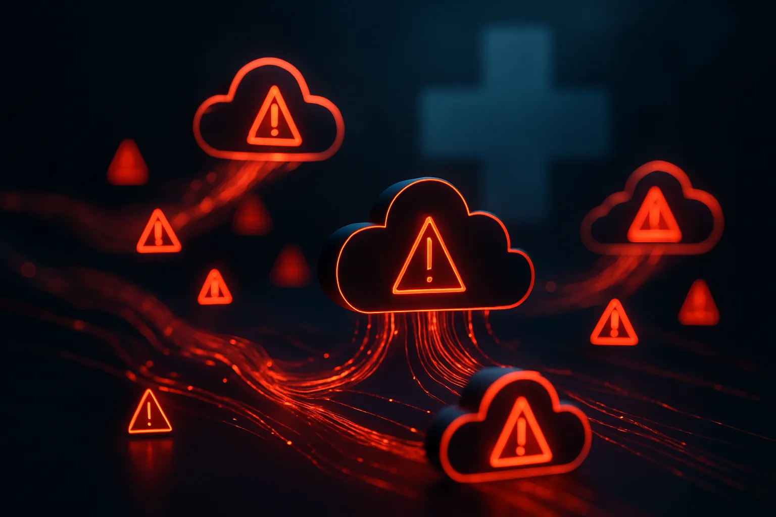 Red warning alert signals cascading through dark cloud server nodes with a medical cross symbol in the background, representing a healthcare cloud data breach cybersecurity incident