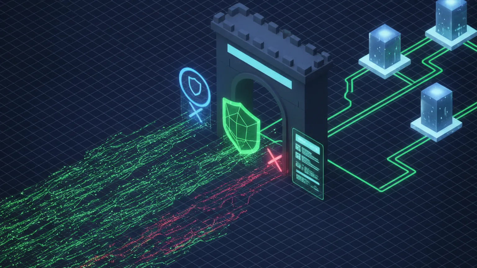Isometric diagram of many AI agent data streams flowing through a single secure gateway that checks identity, applies a policy shield and writes an audit log before allowing some streams through to enterprise data vaults and blocking one
