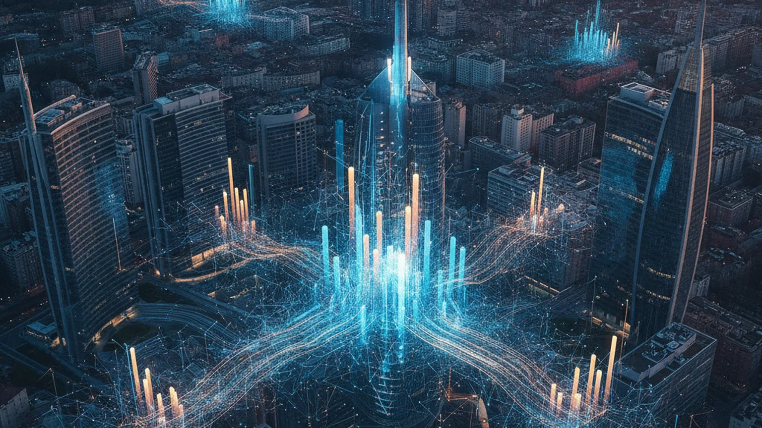 Vista aerea di un distretto direzionale italiano all'alba con reti di dati luminose blu e ambra e grafici in crescita, a rappresentare un mercato digitale in espansione ma con adozione diseguale