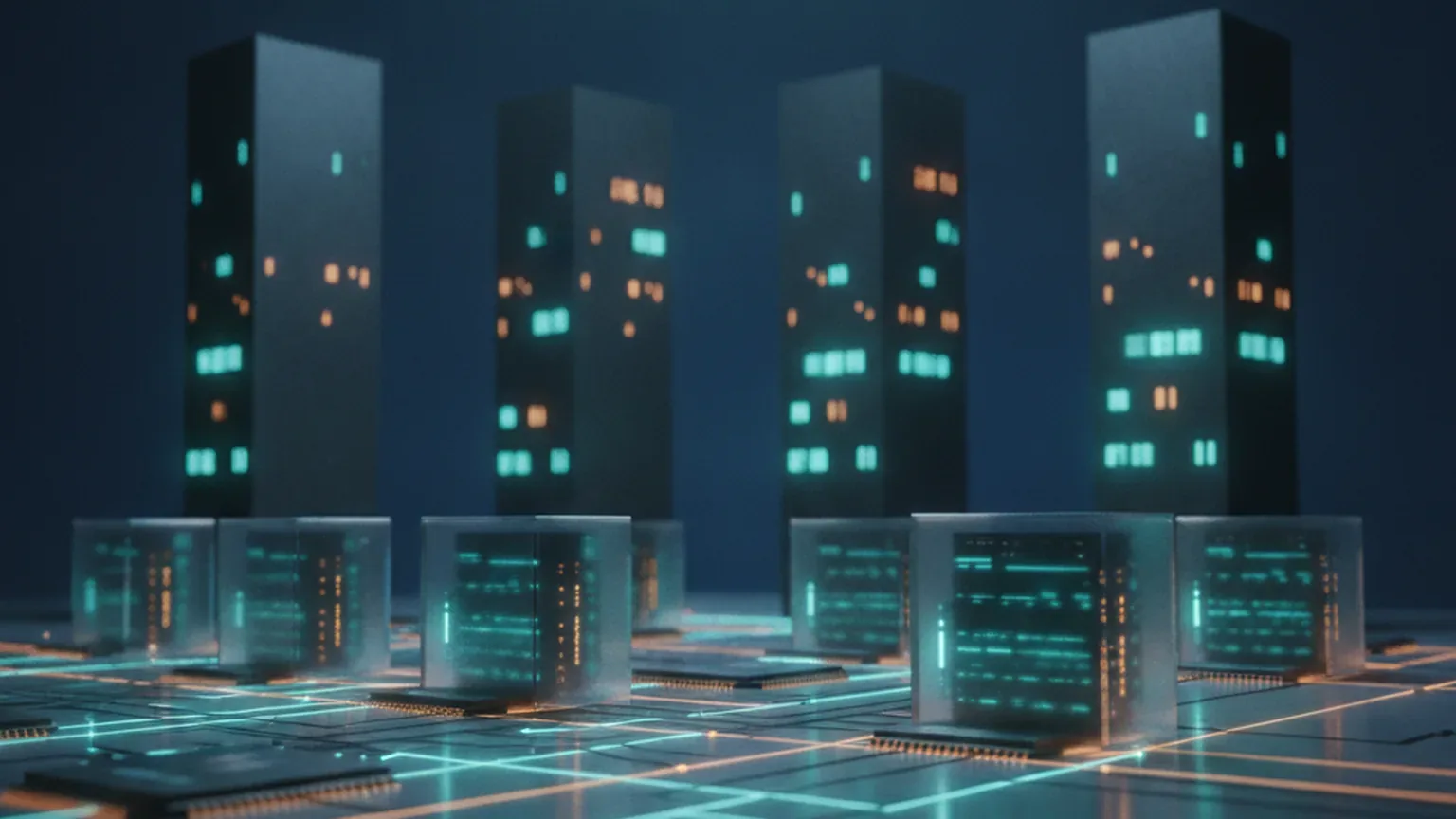 Abstract illustration of four data-center towers of differing heights above rows of glowing GPU server racks connected by luminous network lines on a deep navy background, representing a new AI-cloud entrant