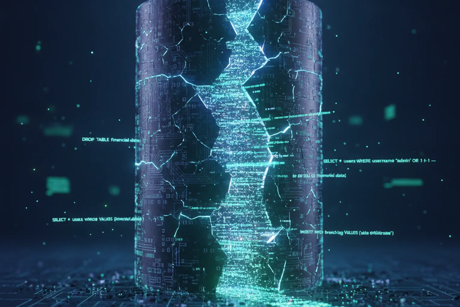 A cracked database cylinder with SQL injection code fragments leaking out into a dark digital environment, representing the Metabase zero-day SQL injection breach
