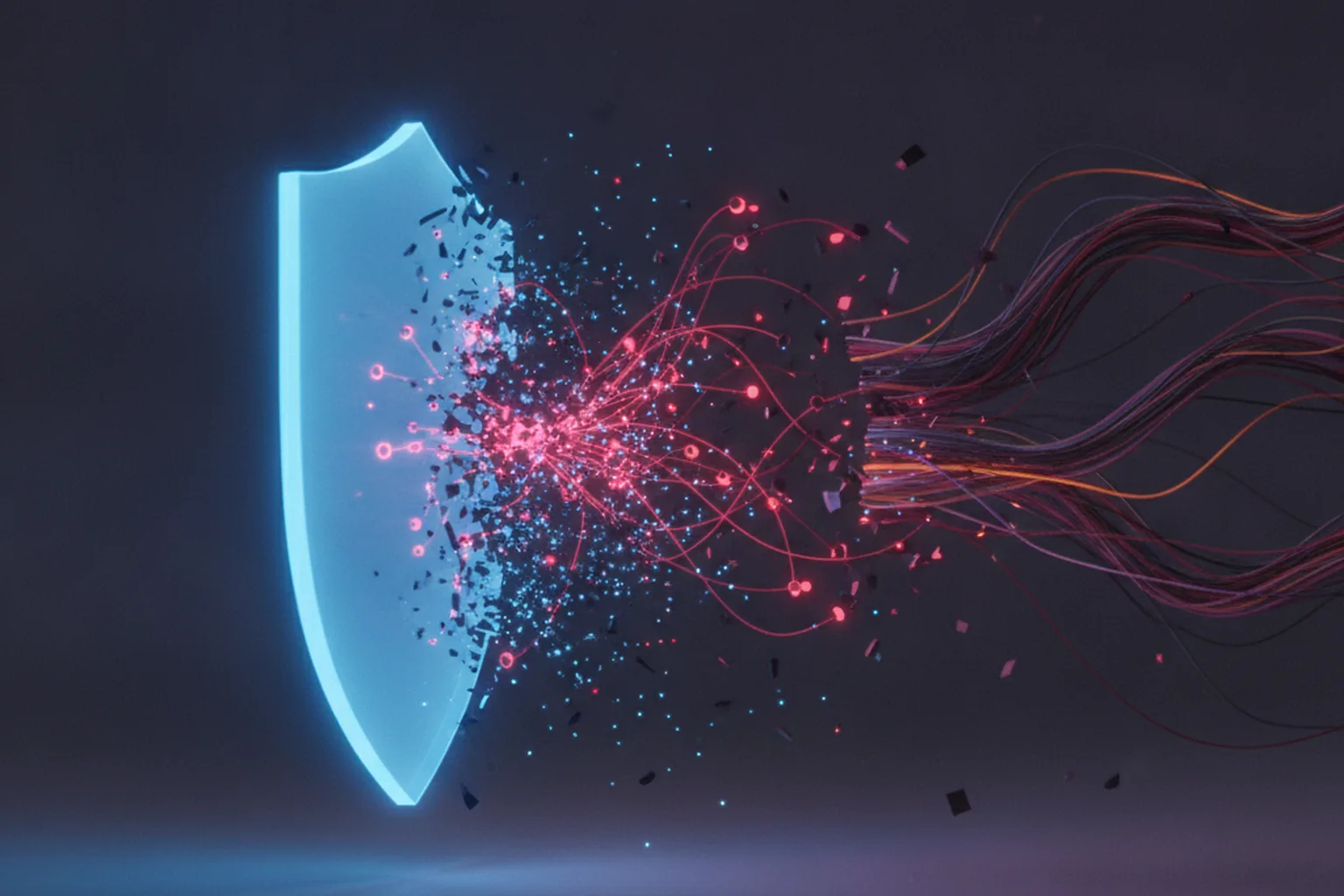 A dark web of glowing red phishing email nodes and fraudulent login tokens being severed by a bright blue shield of light, illustrating a coordinated takedown of an AI phishing service