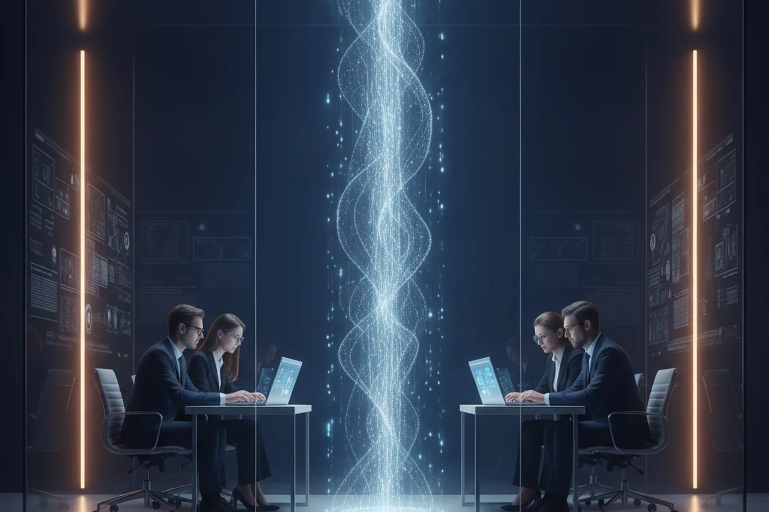 Software engineers and business staff collaborating in a glass office with abstract holographic AI network nodes and data streams connecting their laptops, on a deep navy background