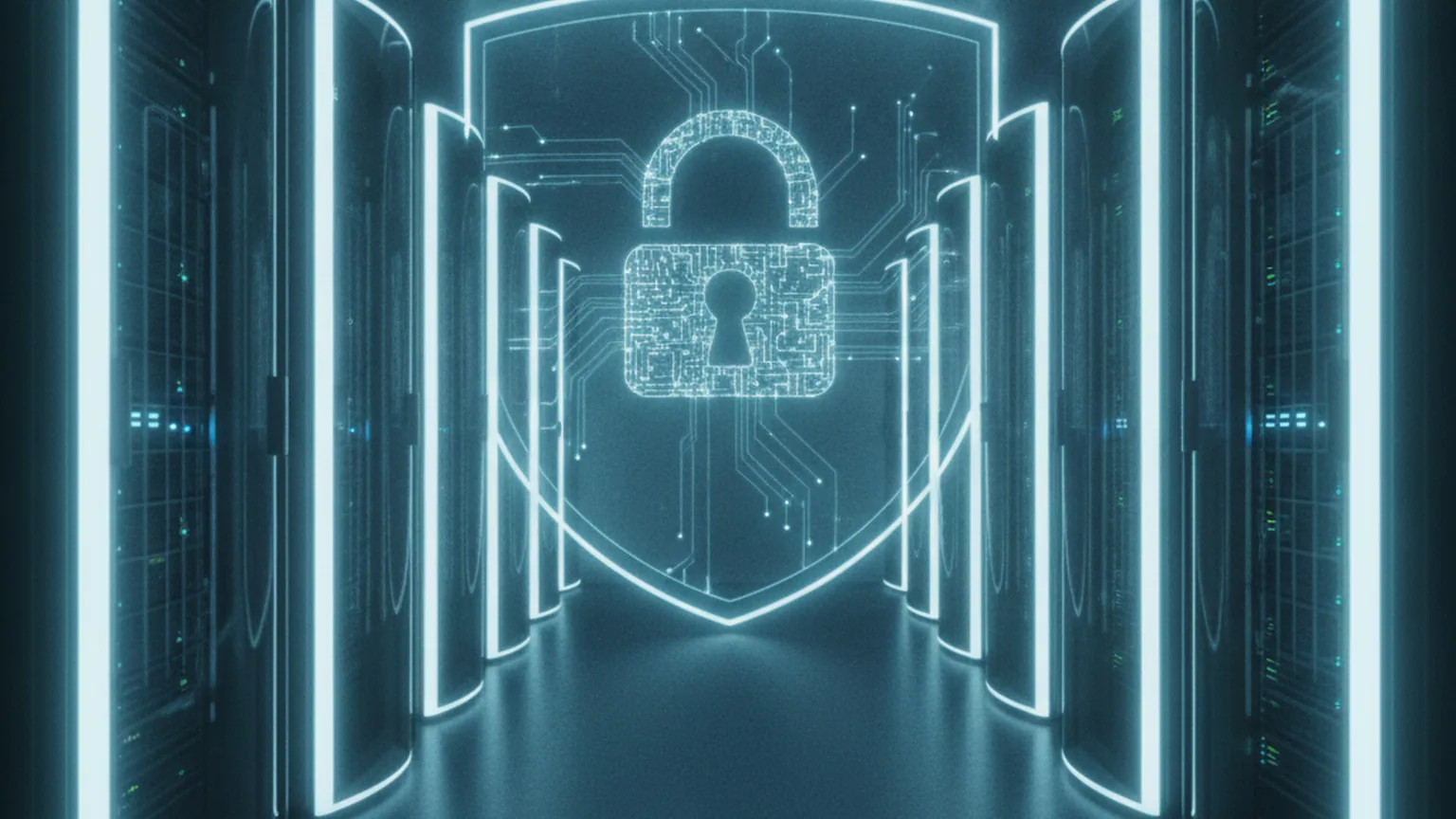 Abstract secure European data center with isolated server racks behind a translucent shield of light and a circuit-pattern padlock, symbolizing sovereign and air-gapped AI
