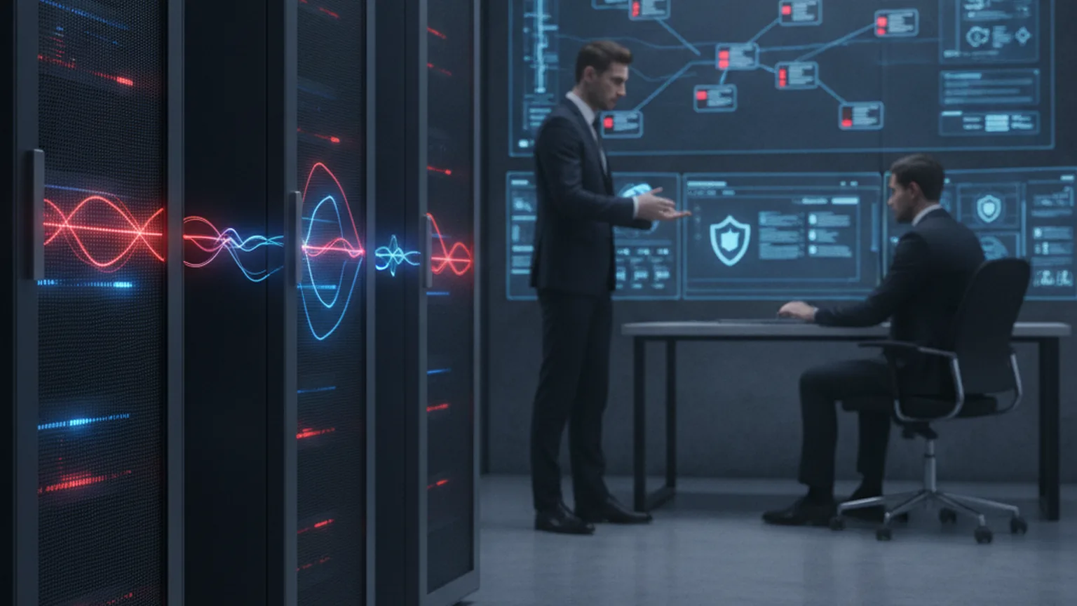 Centro operativo di sicurezza informatica con due professionisti che analizzano un cruscotto di gestione delle vulnerabilita su grandi schermi, con server rack illuminati da indicatori rossi e blu di allerta critica