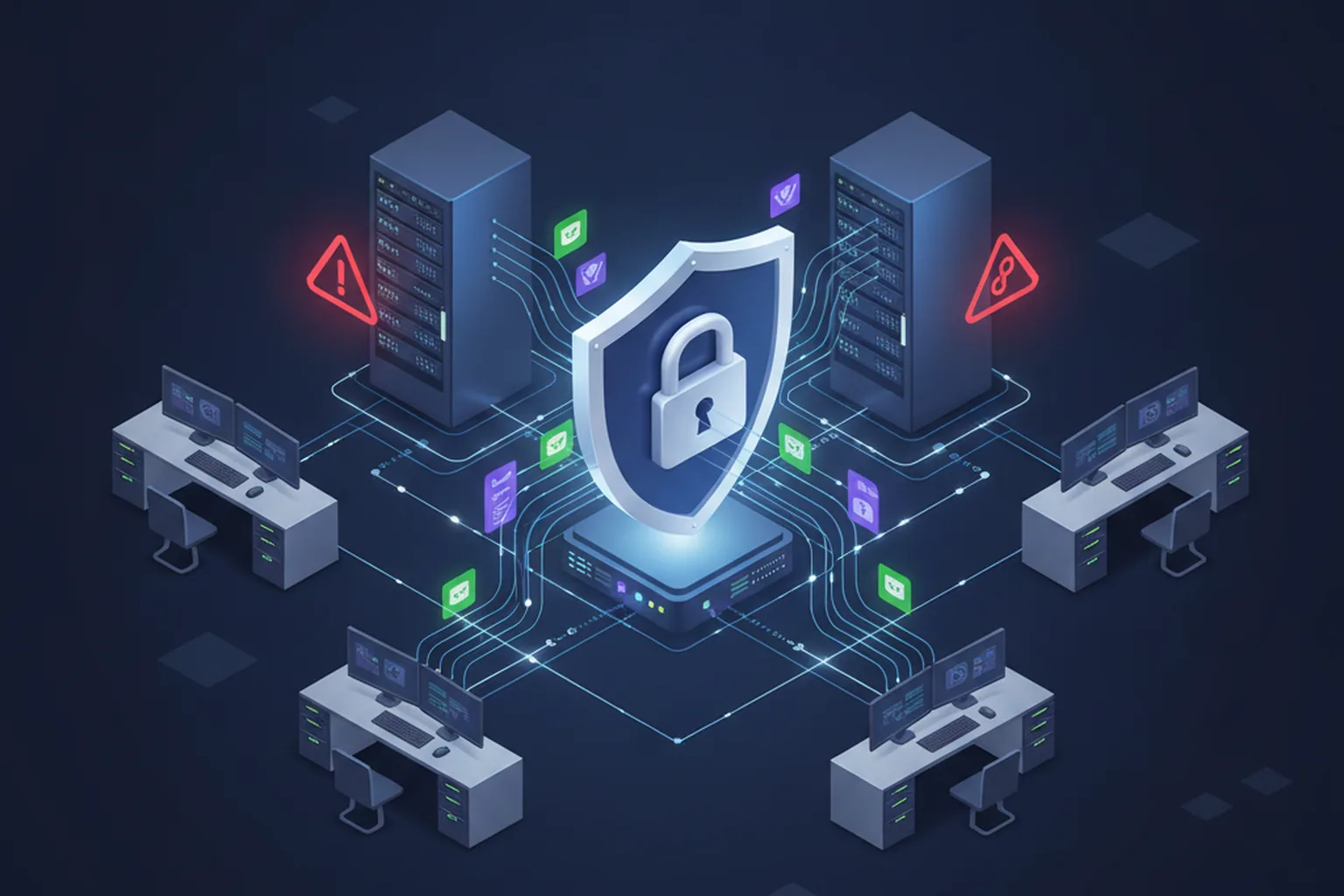 Isometric illustration of a Windows enterprise server infrastructure under a monthly security-update cycle: data-center racks and workstations linked by a network, a large central shield and padlock, update icons flowing in, and two red warning markers highlighting critical vulnerabilities on a dark navy background