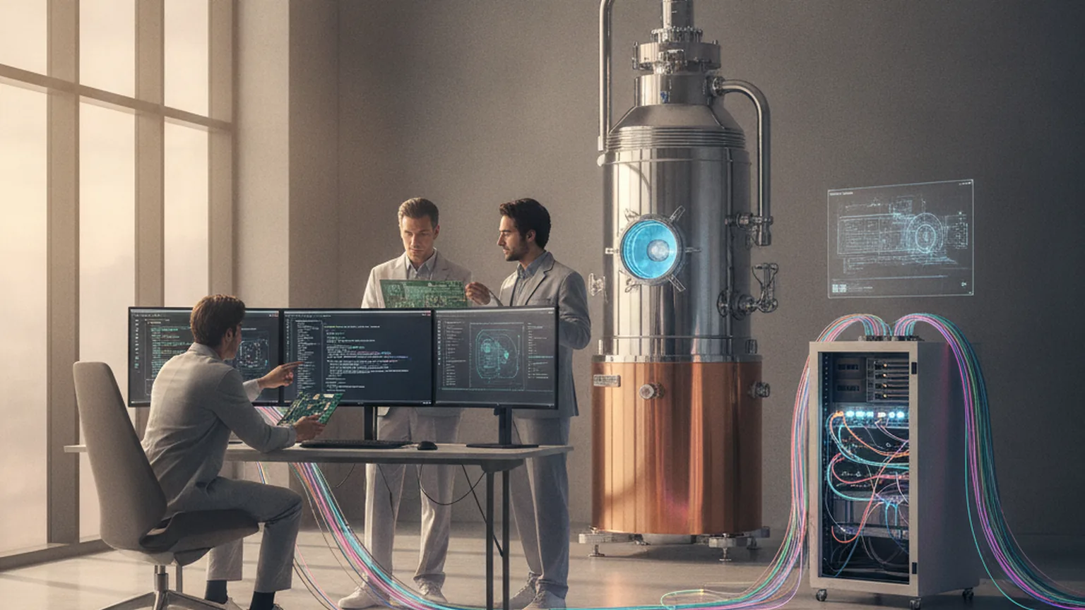 Laboratorio di ricerca industriale: ingegneri analizzano codice e schede elettroniche su più monitor, sullo sfondo un criostato per il calcolo quantistico e un rack di server collegato con fibra ottica
