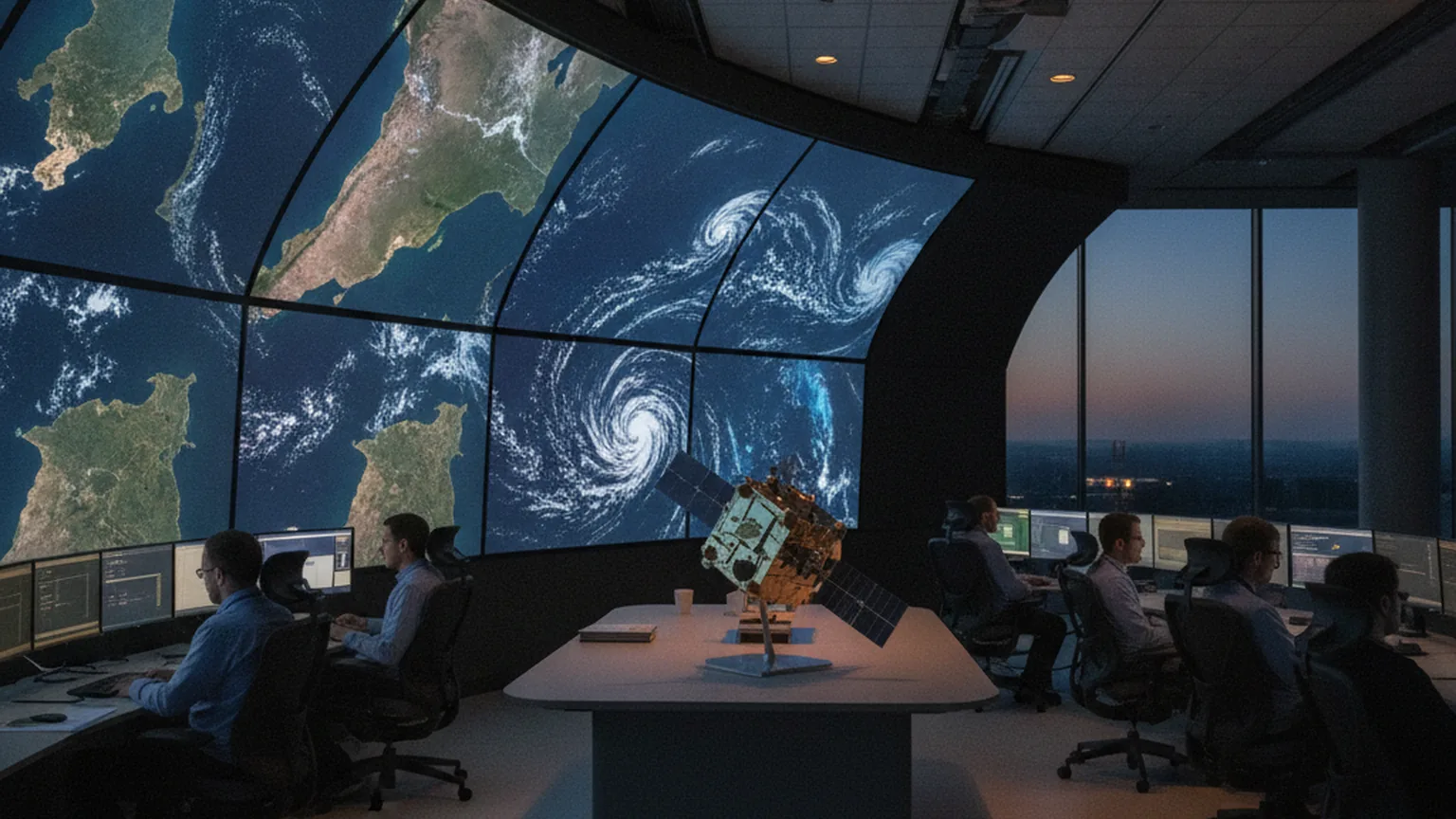 Salle de contrôle de mission où des ingénieurs analysent des images satellites d'observation de la Terre sur un grand écran incurvé, maquette de satellite au centre