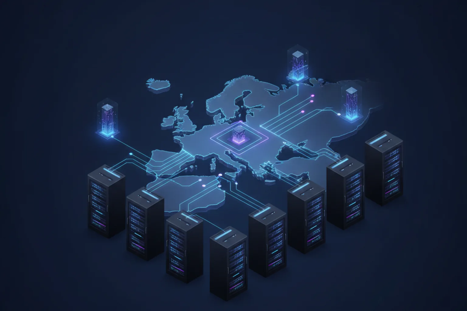 Isometric illustration of a European data center with glowing server racks linked by luminous network lines to a stylized map of Europe on a dark navy background